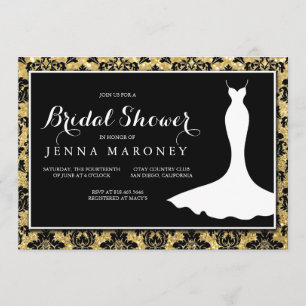 Invitación Damasco negro con ducha de novia Purpurina de oro