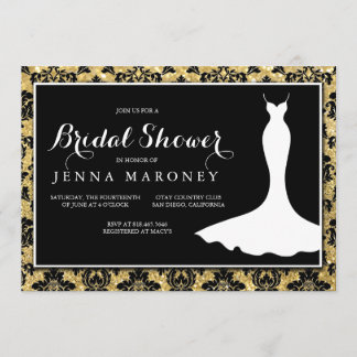Invitación Damasco negro con ducha de novia Purpurina de oro