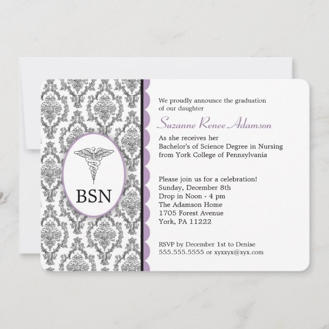 Invitación Damasco negro de la lavanda de la graduación BSN (Anverso)
