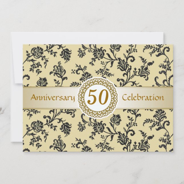 Invitación Damasco negro dorado, 50 aniversario Boda (Anverso)