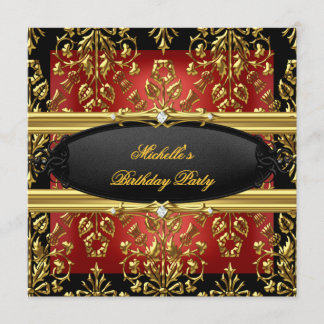 Invitación Damasco Negro Fiesta de Cumpleaños Roja Dorada 2 D