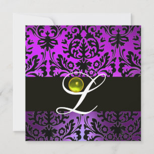 INVITACIÓN DAMASCO NEGRO MORADO MONOGRAMA TOPACIO AMARILLO