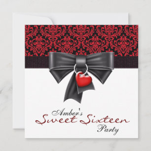 Invitación Damasco Negro Rojo Fiesta de Cumpleaños Dulces 16
