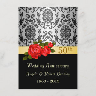 Invitación Damasco negro, rosa roja Aniversario de Bodas de o