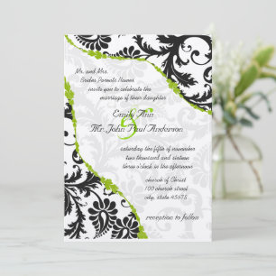 Invitación Damasco negro vintage con vides verde manzana