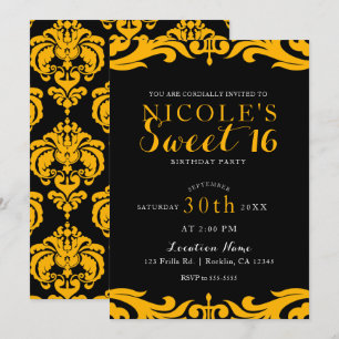 Invitación Damasco Negro y Amarillo Chic Elegante Fiesta Dulc