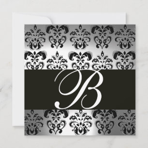 Invitación DAMASCO NEGRO Y BLANCO MONOGRAMA plata piedra de l
