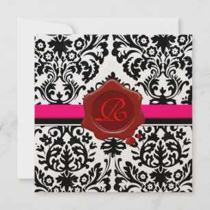 INVITACIÓN DAMASCO NEGRO Y BLANCO, SELLO DE LACA ROJA MONOGRA