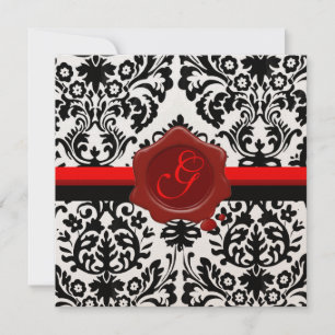 INVITACIÓN DAMASCO NEGRO Y BLANCO, SELLO DE LACA ROJA MONOGRA