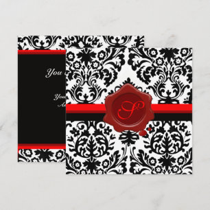 INVITACIÓN DAMASCO NEGRO Y BLANCO, SELLO DE LACRE ROJO MONOGR