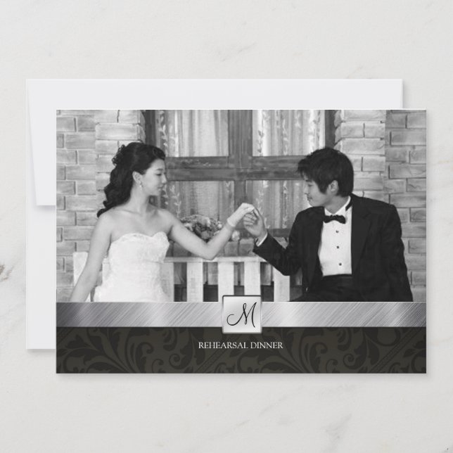 Invitación Damasco negro y cena de ensayo moderna plateada (Anverso)