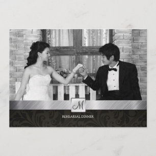 Invitación Damasco negro y cena de ensayo moderna plateada