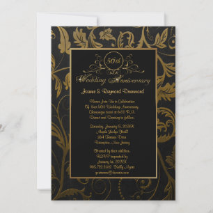 Invitación Damasco Negro y Dorado 50 Aniversario de Boda