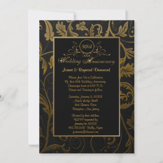 Invitación Damasco Negro y Dorado 50 Aniversario de Boda