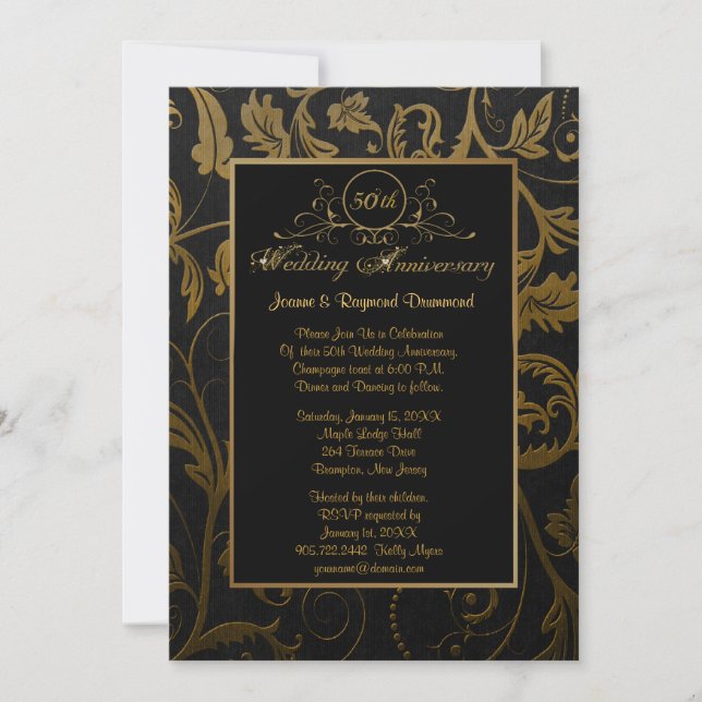 Invitación Damasco negro y dorado 50 aniversario de bodas (Anverso)