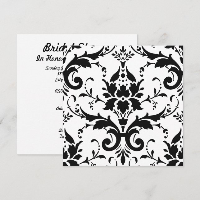 Invitación Damasco negro y fondo blanco ducha de novia Inv (Anverso / Reverso)