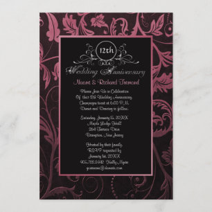 Invitación Damasco Negro y Frambuesa 12º Aniversario de Boda