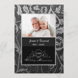 Invitación Damasco negro y plateado 25 Aniversario de bodas