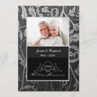 Invitación Damasco negro y plateado 25 Aniversario de bodas