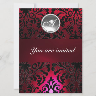 Invitación DAMASCO NEGRO Y ROJO PIEDRA PRECIOSA MONOGRAMA bur