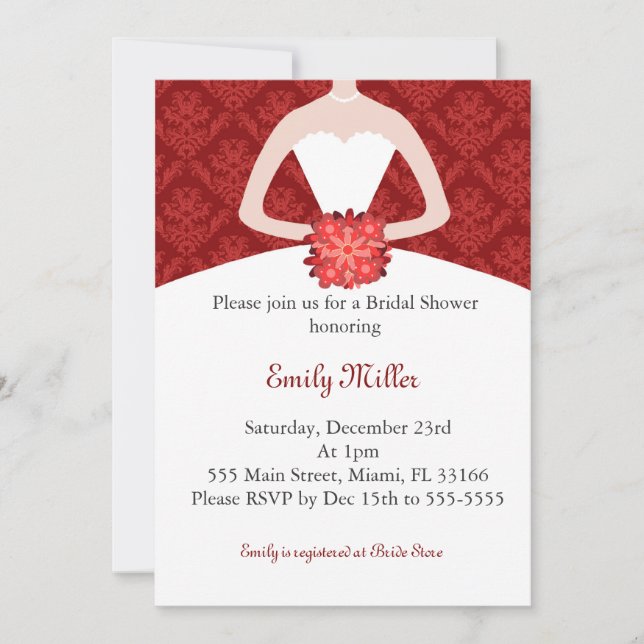 Invitación Damasco nupcial del rojo de la ducha de la (Anverso)
