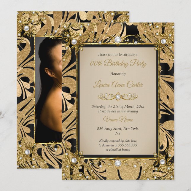 Invitación Damasco Oro Beige Perla Foto Fiesta de Cumpleaños (Anverso / Reverso)