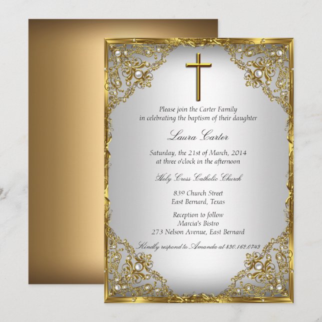 Invitación Damasco Perla Dorada & Bautizo/Cruz de Bautizo (Anverso / Reverso)