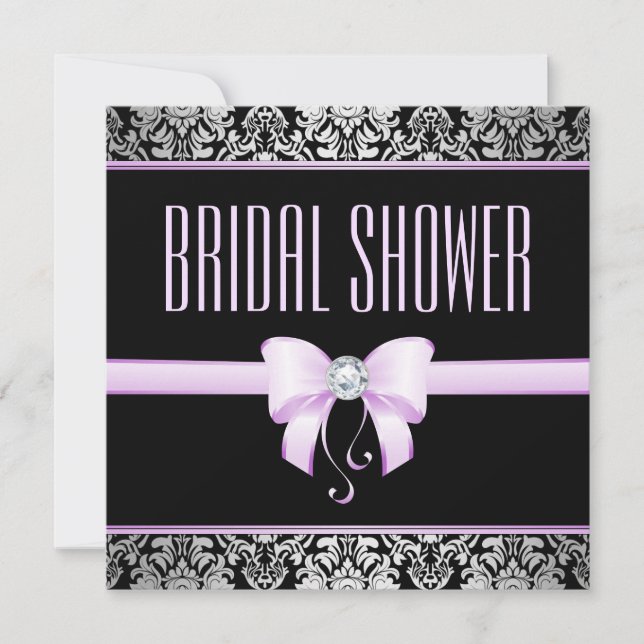 Invitación Damasco plateado, ducha de novia Lilac Bow y Diamo (Anverso)