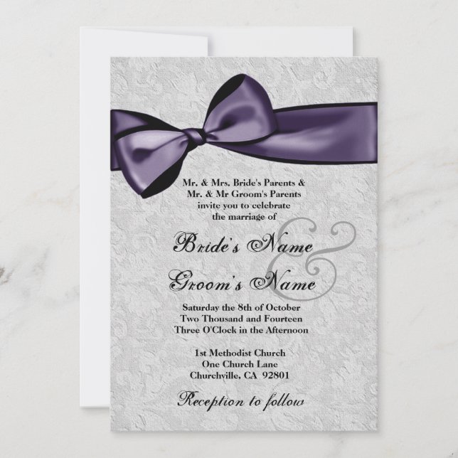 Invitación Damasco plateado y Boda de arco morado profundo (Anverso)