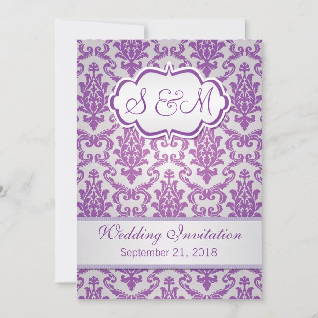Invitación Damasco púrpura en la boda de plata del fondo (Anverso)
