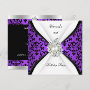 Invitación Damasco Púrpura Negro Blanco Perla Diamante Cumple