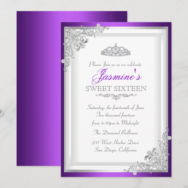 Invitación Damasco púrpura plateado y dulce Tiara 16 Invitaci (Anverso / Reverso)