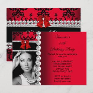 Invitación Damasco Rojo Cumpleaños Foto de lazo de joya negra