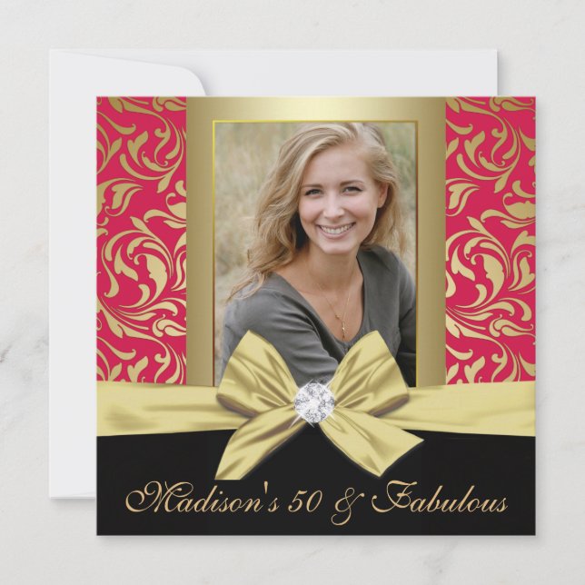 Invitación Damasco rojo de oro cincuenta y fabuloso 50 cumple (Anverso)