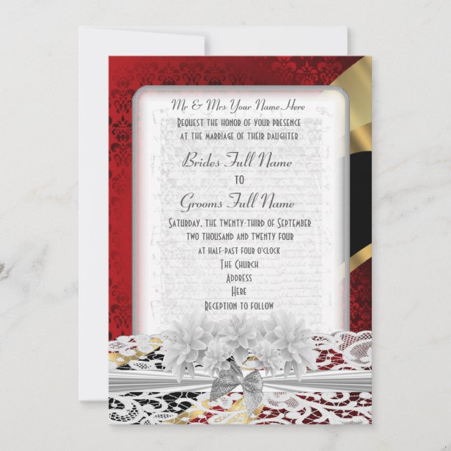Invitación Damasco rojo elegante y boda blanco del cordón (Anverso)