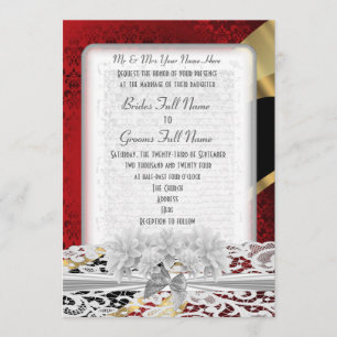 Invitación Damasco rojo elegante y boda blanco del cordón
