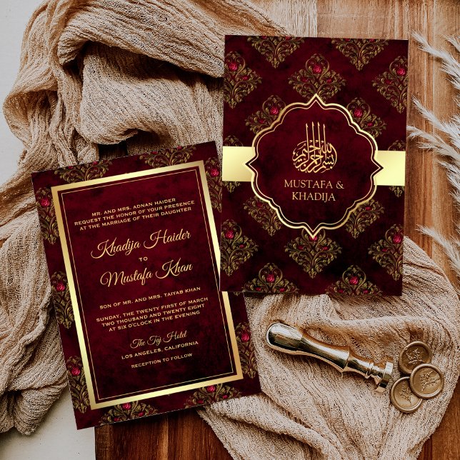 Invitación Damasco Rojo Granate Dorado Rústico Boda Musulmana (Subido por el creador)