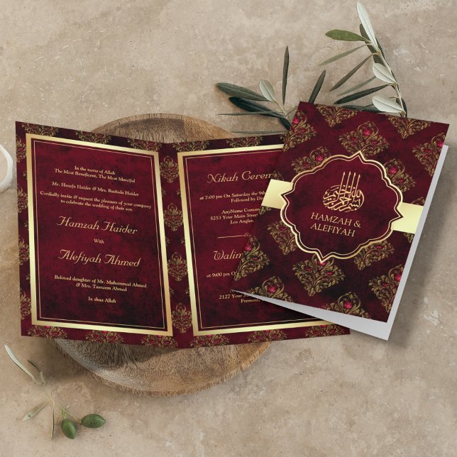 Invitación Damasco Rojo Granate Dorado Rústico Boda Musulmana (Subido por el creador)