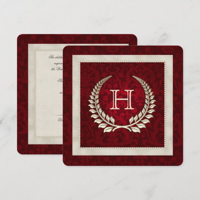 Invitación Damasco Rojo y Pearls boda prometen renovación (Anverso / Reverso)