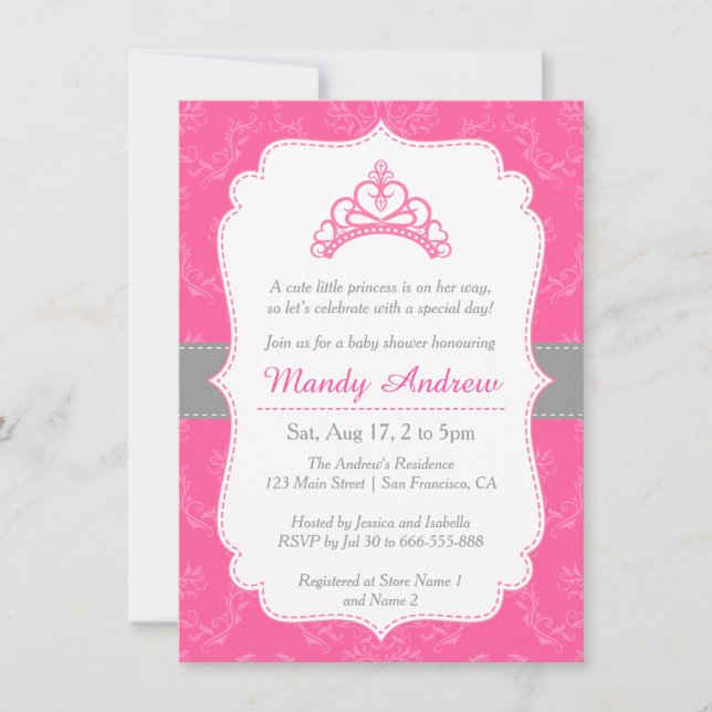 Invitación Damasco Rosa, Corona Princesa, Baby Shower Chica (Anverso)