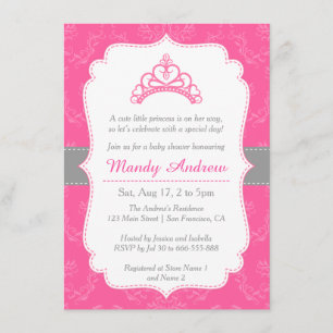 Invitación Damasco Rosa, Corona Princesa, Baby Shower Chica