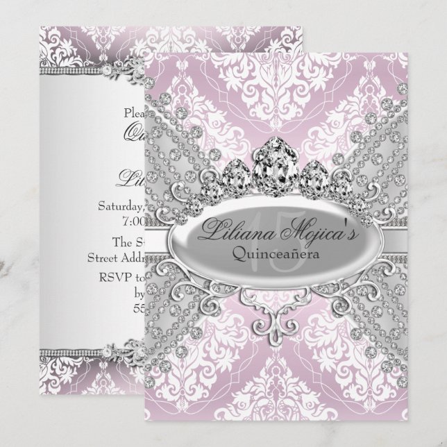 Invitación Damasco rosa Plata bonito y Quinceanera Tiara (Anverso / Reverso)