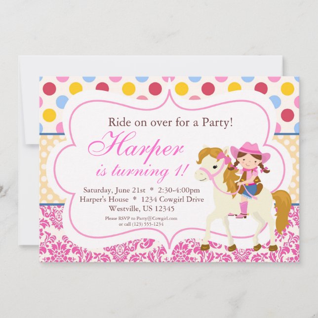 Invitación Damasco rosa y fiesta de cumpleaños de la lechuza  (Anverso)