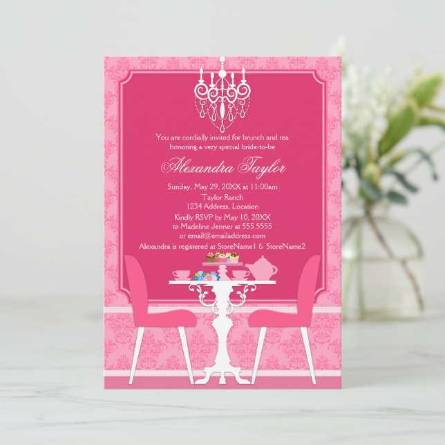 Invitación Damasco rosa y Fiesta de té de novia candelabro (Anverso de pie)