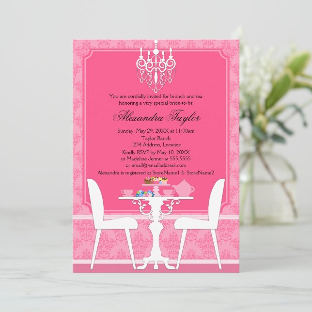 Invitación Damasco rosa y Fiesta de té de novia candelabro (Anverso de pie)