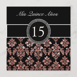 INVITACIÓN DAMASCO ROSADO CORALINO QUINCEANERA DEL NEGRO DEL