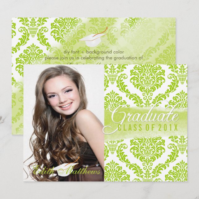 Invitación Damasco rosette de PixDezines/graduación/foto (Anverso / Reverso)
