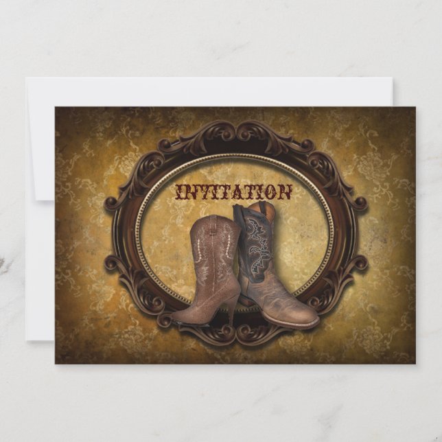 Invitación damasco rústico boda de Cowboy Occidental (Anverso)