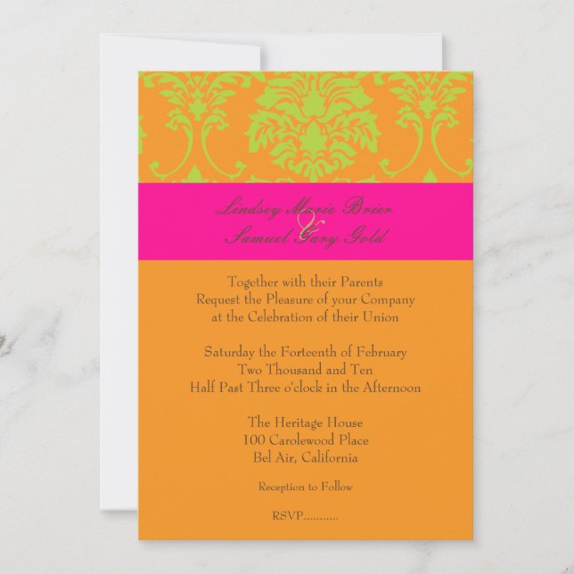 Invitación Damasco verde animado/rosa/naranja caliente (Anverso)