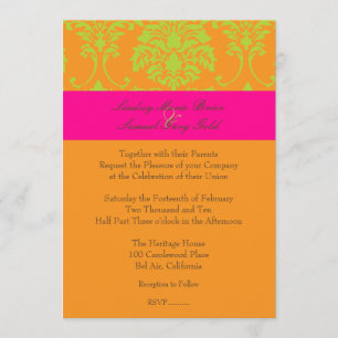 Invitación Damasco verde animado/rosa/naranja caliente